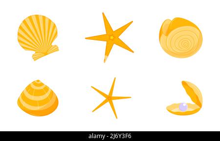 A collection of yellow shells and starfish. Design elements on the theme of summer, tropics, vacation. Color vector illustrations in a flat cartoon st Stock Vector