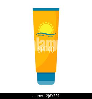 Sunscreen. Cosmetics for protection from sunburn. Cream in a tube with a lid. Decorative element for summer beach holidays, vacations. Flat color vect Stock Vector