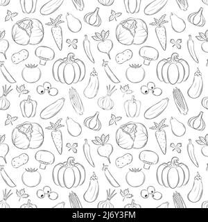 Seamless pattern with different vegetables. Black-and-white hand-drawn linear elements with an outline are isolated on transparent background. For the Stock Vector