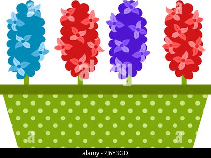 A long pot of polka dots with hyacinths. Spring flowers, a symbol of the beginning of spring, gardening. Floral decorative element. Vector illustratio Stock Vector