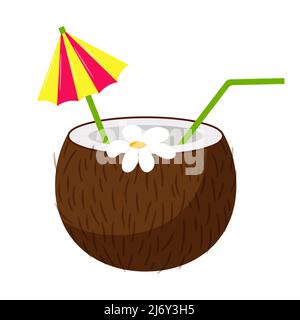 Coconut cocktail with umbrella, flower and straw. Summer, tropical, beach drink. Decorative element. Bright flat color vector illustration. Isolated o Stock Vector