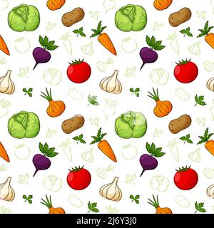Seamless pattern with vegetables in a linear, hand-drawn style. Bright vegetables. A combination of colored and outlined elements. Vector illustration Stock Vector