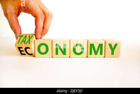 Taxonomy or economy symbol. Businessman turns wooden cubes and changes the concept word Economy to Taxonomy. Beautiful white background. Business ecol Stock Photo