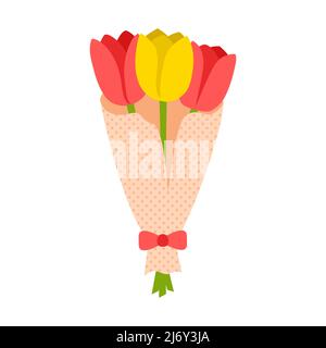 Bouquet of red and yellow tulips in packaging paper. Spring bouquet. Flower illustration. Flat style. Isolated on a white background Stock Vector