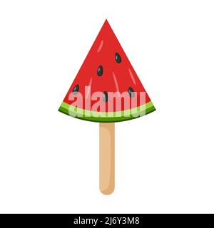 Watermelon ice cream on a stick. Fruit ice. A bright symbol of summer. Sweet, summer, beach food. Flat color vector illustration. Isolated on white Stock Vector