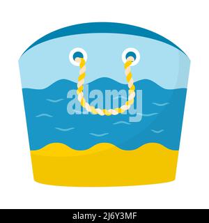 Beach summer bag. Three-color bag with beach, sea and sky and rope handles. Open bag. Decorative element for vacation, summer, beach, vacation. Flat c Stock Vector