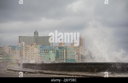 January 11, 2016 -- Havana, Cuba: Waves crash on the Malecon in Havana. (Liz Roll) Stock Photo