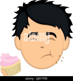 Vector illustration of a cartoon man's face eating a cupcake Stock Vector