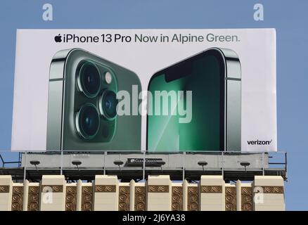 Billboards advertising Apple's iPhone 13 Pro atop buildings in Union Square, San Francisco, California. Stock Photo
