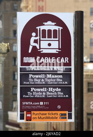 A sign identifies a cable car stop in San Francisco, California. Stock Photo