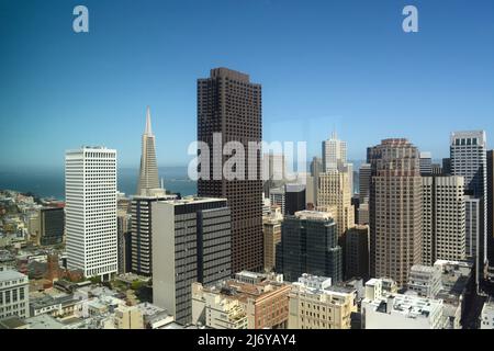 The skyline of San Francisco, California, in a view to the east from a hig-hrise hotel in Union Square. Stock Photo