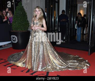 Sabrina Carpenter at departures for Celebrity Candids - Departing for the Met Gala Part 2, The Mark Hotel, New York, NY May 2, 2022. Photo By: Quoin Pics/Everett Collection Stock Photo