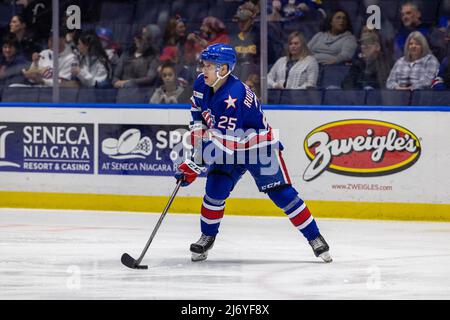 April 29, 2022: Rochester Americans forward Arttu Ruotsalainen (25) skates with the puck in the first period against the Utica Comets. The Rochester Americans hosted the Utica Comets in an American Hockey League game at the Blue Cross Arena in Rochester, New York. (Jonathan Tenca/CSM) Stock Photo