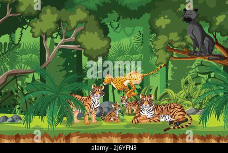 Forest scene with various wild animals illustration Stock Vector