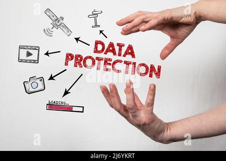DATA PROTECTION. Illustrated icons and arrows in a woman's hand on a white background. Stock Photo