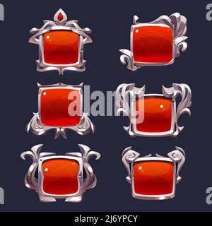 Game level ui icons, buttons, isolated award or bonus frames. Empty badges or banners with red glossy plank and silver shiny vignette, user interface graphics in medieval style Vector elements for rpg Stock Vector
