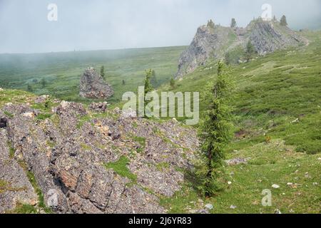 Stone cliffs on the mountainside. Seminsky mountain range in Altai, Siberia. Stock Photo