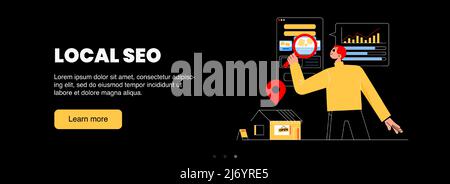 Local SEO poster. Concept of search marketing optimization and advertising campaign for local company. Vector horizontal banner with geo tag on shop, man and analytics graph Stock Vector