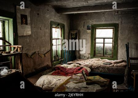 February 19, 2018, Pripyat, Ukraine: An abandoned house in Chernobyl. HBO, with its series Chernobyl, has managed to get a large percentage of people around the world interested in the most serious nuclear accident in history, to such an extent that thousands of tourists come to Ukraine to learn first-hand about the consequences of the tragedy and take some souvenirs. With its series Chernobyl, HBO has managed to get a large percentage of people interested in the most severe nuclear accident in history, to such an extent that thousands of tourists come to Ukraine to learn first-hand about the Stock Photo