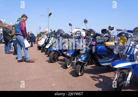 Classic motor scooter meet in Skegness,  Lincolnshire, UK Stock Photo