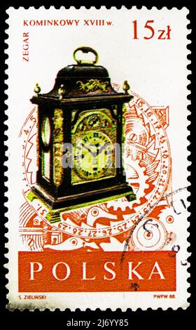 MOSCOW, RUSSIA - MARCH 27, 2022: Postage stamp printed in Poland shows Carriage clock, 18th century, Antique Clocks serie, circa 1988 Stock Photo