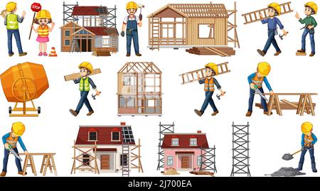 Set of construction site objects and workers illustration Stock Vector