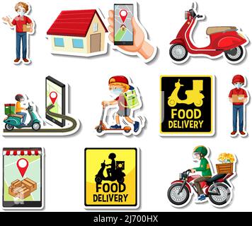 Sticker set of delivery objects and cartoon characters illustration Stock Vector