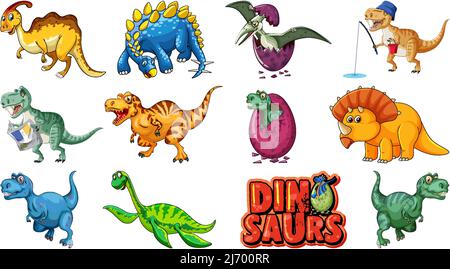 Many dinosaurs on white background illustration Stock Vector