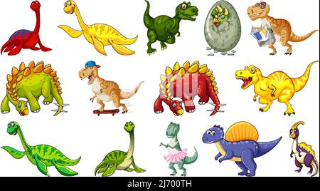 Many dinosaurs on white background illustration Stock Vector