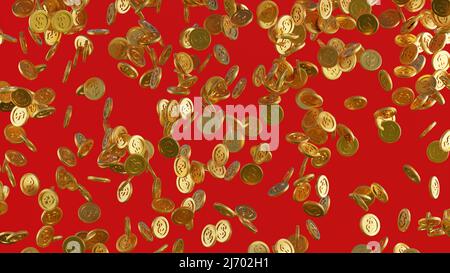 Gold dollar coins falling down or many of gold coins drop on red background, growth business concept. . 3d rendering. Stock Photo