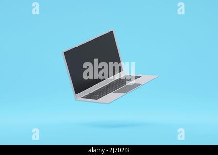 Laptop notebook computer floating in the air, technology equipment background, 3d rendering. Stock Photo