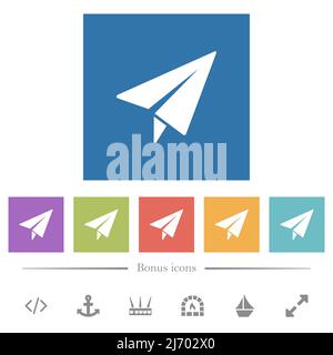 Paper plane solid flat white icons in square backgrounds. 6 bonus icons included. Stock Vector