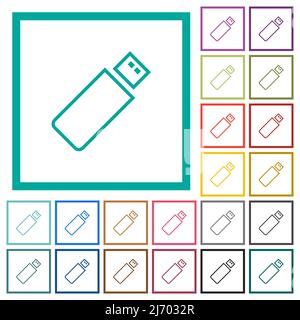 Pendrive outline flat color icons with quadrant frames on white background Stock Vector
