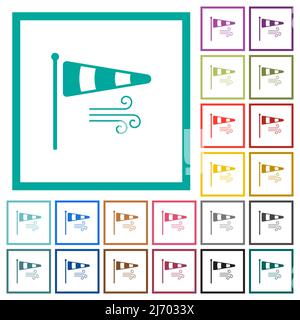 Windsock indicator with wind solid flat color icons with quadrant frames on white background Stock Vector