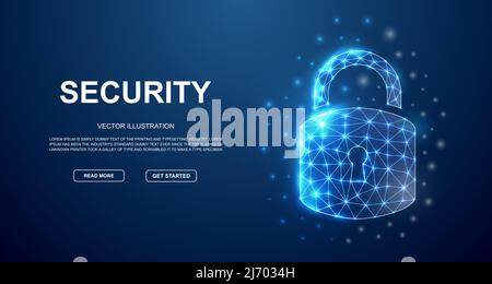 Lock 3d low poly symbol with connected dots for landing page template. Privacy design illustration concept. Polygonal Cyber security illustration Stock Vector