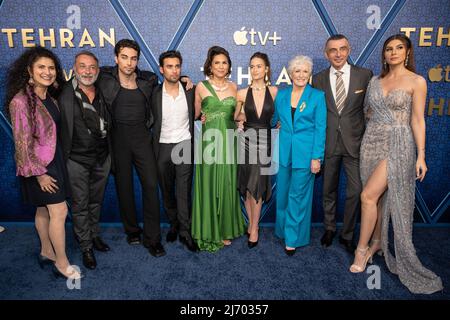 (L-R) Behi Djanati Atai, Vassilis Koukalani, Shervin Alenabi, Arash Marand, Shila Ommi, Niv Sultan, Glenn Close, Shaun Toub and Elnaaz Norouzi attend the red carpet event for the season two premiere of Apple’s “Tehran” at the Robin Williams Center in New York, New York, on May 4, 2022. (Photo by Gabriele Holtermann/Sipa USA) Stock Photo