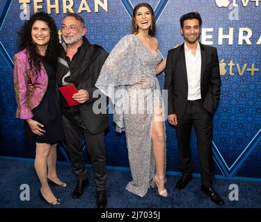 (L-R) Behi Djanati Atai, Vassilis Koukalani, Elnaaz Norouz, and Arash Marand attend the red carpet event for the season two premiere of Apple’s “Tehran” at the Robin Williams Center in New York, New York, on May 4, 2022. (Photo by Gabriele Holtermann/Sipa USA) Stock Photo