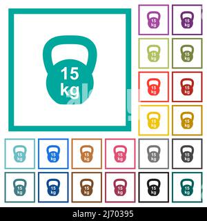 Kettlebel 15 Kg flat color icons with quadrant frames on white background Stock Vector
