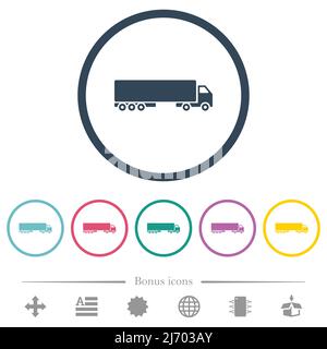 Camion side view flat color icons in round outlines. 6 bonus icons included. Stock Vector
