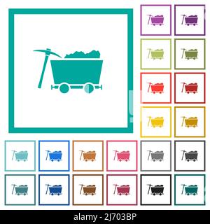 Loaded mine cart and pickaxe flat color icons with quadrant frames on white background Stock Vector