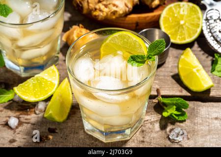 Ginger lemon cold alcohol cocktail Ginger ale beer strong drink with ice cubes and fresh lemon garnish, copy space Stock Photo