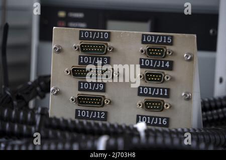 old technology cable connectors close up detail Stock Photo
