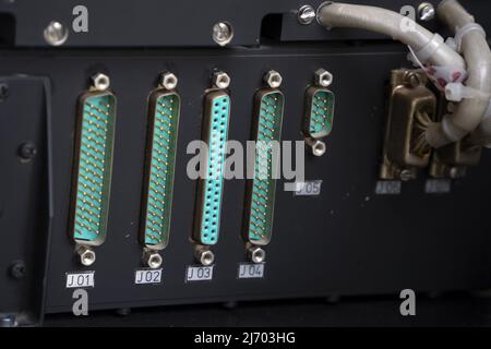 old technology cable connectors close up detail Stock Photo