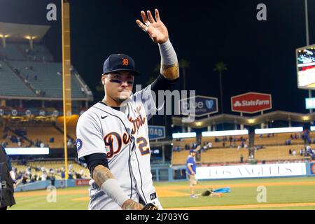 Toronto, Canada. 13th Apr, 2023. Detroit Tigers shortstop Javier Baez (28)  celebrates a double in second inning MLB American League baseball action  against the Toronto Blue Jays in Toronto on Thursday, April