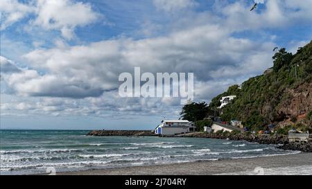 Sumner, Christchurch, Canterbury/New Zealand - March 18, 2022: The lifeboat station at Sumner Beach, Christchurch, Canterbury, south island, Aotearoa Stock Photo