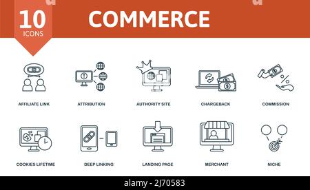 Commerce set icon. Editable icons commerce theme such as affiliate link, authority site, commission and more. Stock Vector
