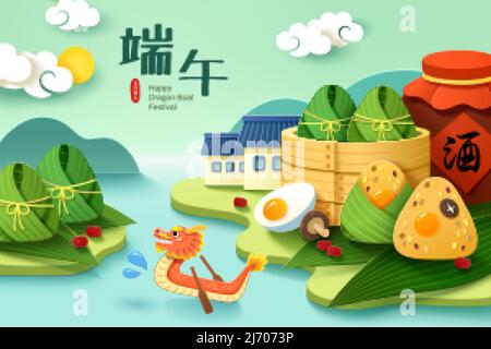A dragon boat rowing through the river across a village of a steamer, rice dumplings, and realgar wine in papercraft style. Translation: Duanwu Festiv Stock Vector
