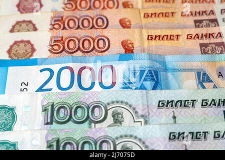 Rows of Russian Rubles, Russian money, 1000, 2000, 5000 banknotes, top view, concept picture Stock Photo