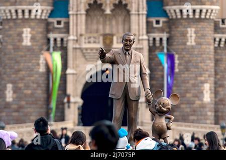 Monument sculpture Walt Disney with Mickey Mouse, in the back fairytale ...