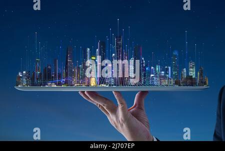 Waiter hand holding an empty digital tablet with city and abstract dot point connect with gradient line and aesthetic Intricate wave line design. Smar Stock Photo